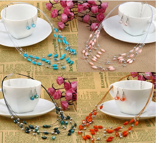 PINK, ORANGE, GREEN OR TURQUOISE FLOATING TUBE BEAD NECKLACE EARRINGS SET