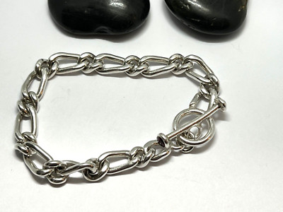 925 Sterling silver Figaro style chain bracelet Garnet toggle closure 7.5'' L