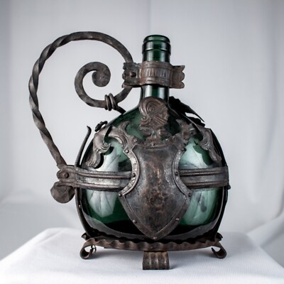 Antique Medieval 1400s Handmade Shield Grape Green Glass Store Iron Cast Pitcher