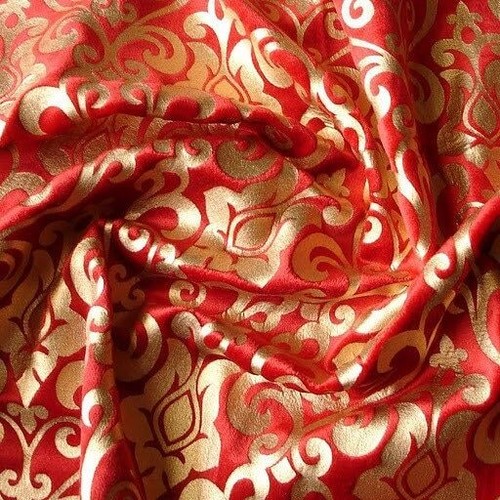 Red Damask Printed Velvet Fabric By The Yard, Velvet Fabric With Gold Print - Picture 4 of 5