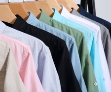 Men's casual linen shirt solid color stand up collar long sleeved shirt top