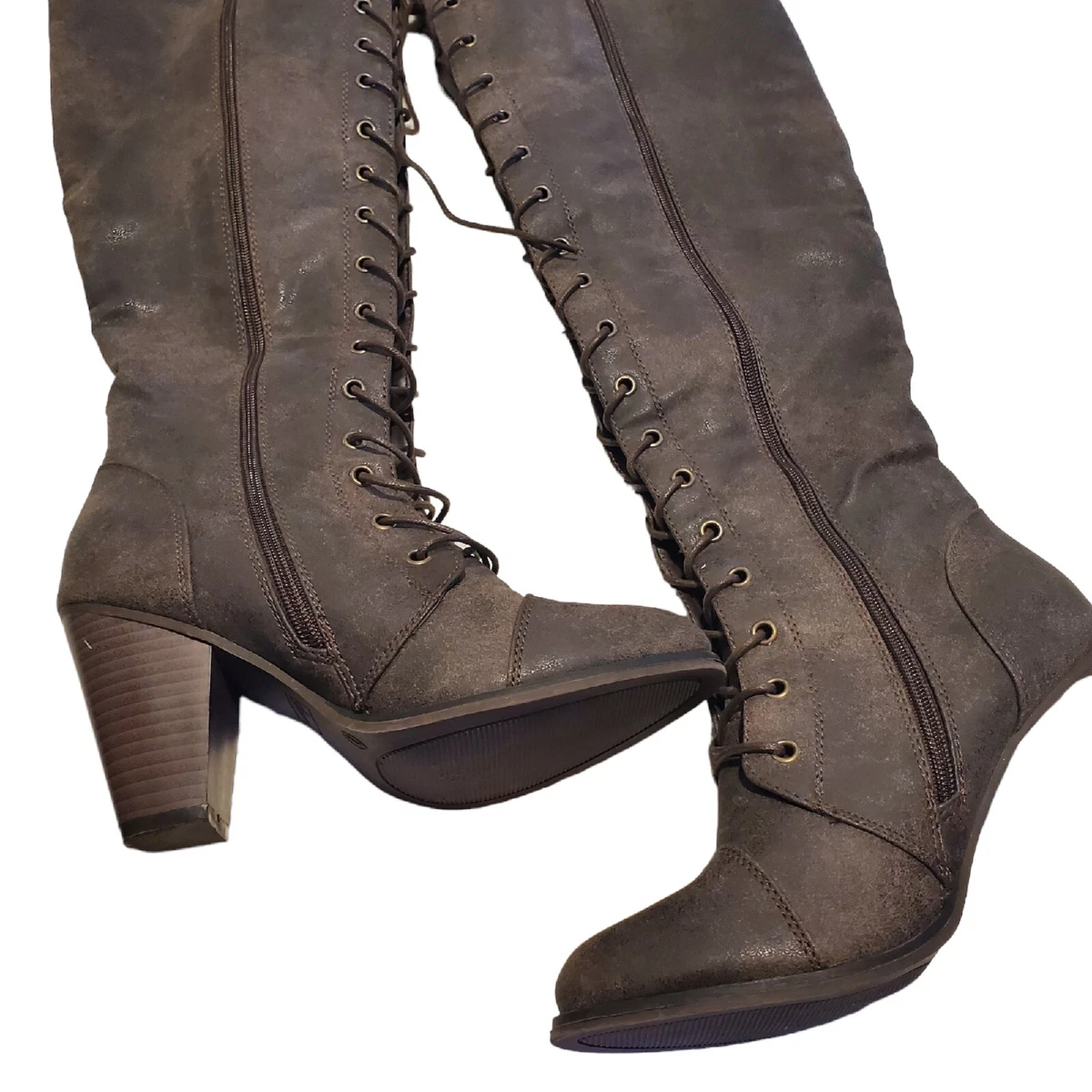 Ladies Over The Knee Boots Forever 21 Heel Brown Leather Side Zipper Size 7