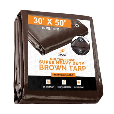 30' x 50' Super Heavy Duty 16 Mil Brown Poly Tarp Cover - Thick Waterproof, U...