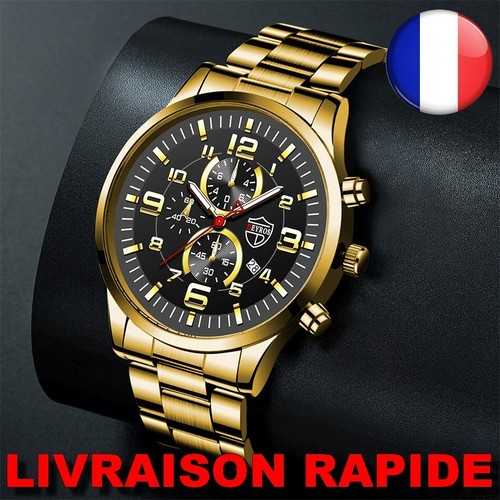 Montre or homme marque de Luxe Bracelet Acier inoxydable quartz etanche calendrier - Cadeaux de Noël Doré, - Achat/vente montre Homme Adulte Jaune Acier