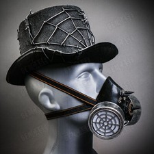 SILVER Burning Man Steampunk Spider Halloween TOP Hat w/ Mask Cosplay Costume