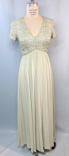 Vestido Vintage TALLA PEQUEÑA Verde Pastel Cuentas HONG KONG Bridgerton Empire Años 60 70 - Imagen 14 de 14