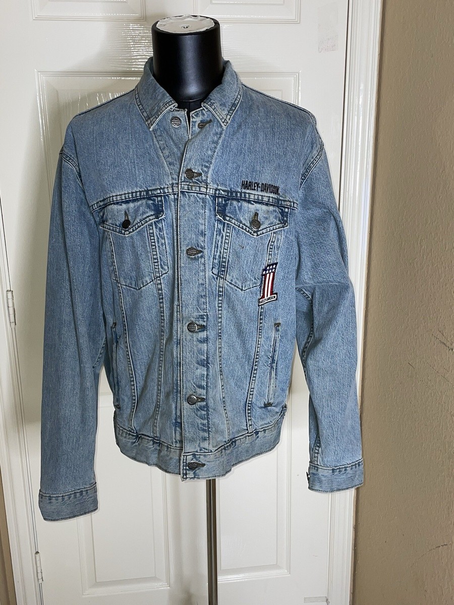 Harley Davidson Denim Jean Motorcycle Jacket Number One Patch Size
