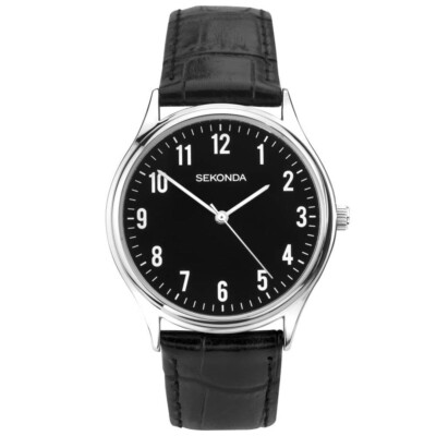 Sekonda schwarzes Zifferblatt Herrenuhr Lederband 1777 Quarz 30m UVP 29,99£