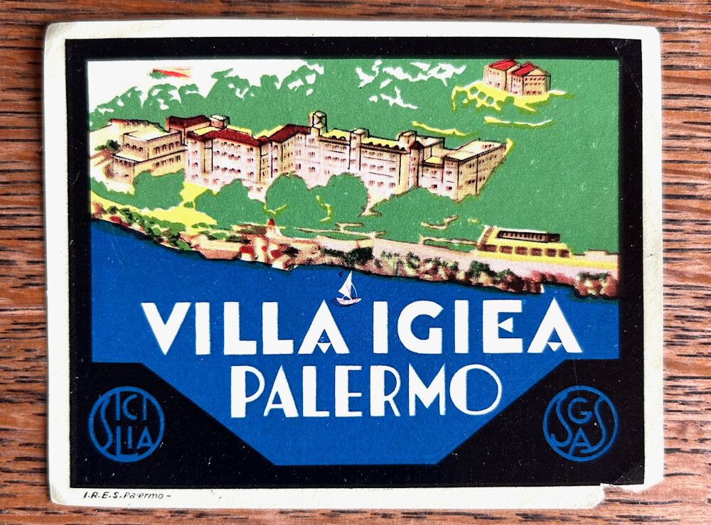 Authentic Vintage Luggage Label ~ VILLA IGIEA ~ Palermo, Sicily, Italy