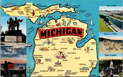 Michigan MI Multiview Map Beach Memorials Block House Capitol  Postcard
