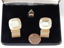 Vintage SWANK Gold Mesh Engraveable Cufflinks Tie Clasp Boxed Set