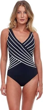 Gottex X6243 Womens Embrace Striped Surplice One Piece Swimsuit, Black, 12