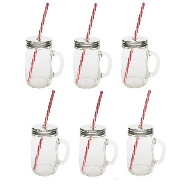 Sunshine Mason Co. Glass Mason Jar Drinking Mug set with handle, Silver lids and
