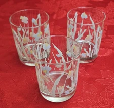 Set 3pc Georges Briard Low Ball Glasses MCM Flower Pink & Blue Flowers 4” Signed