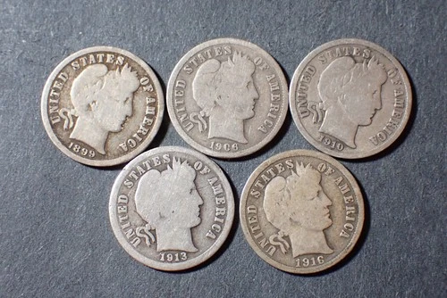 LOT OF 5 SILVER BARBER DIMES 1899 06 10 13 16 GOOD/VG COND SET RGR 501