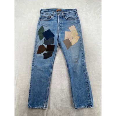 Levis 501 Jeans Mens W32 L33 Blue Custom Leather Patchwork Distressed Button Fly