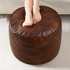 Round Stuffed Pouf Ottoman Pu Leather Poufs W/ Foam Chunk Filling Furry Fluffy