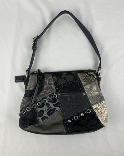 Coach Y2K Gray Black Patchwork Leather Denim Logo Animal Fur Handbag Purse EUC