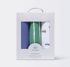 Cloud Island Breathable 100 Cotton Muslin Blankets 3-Pack Blue Green White