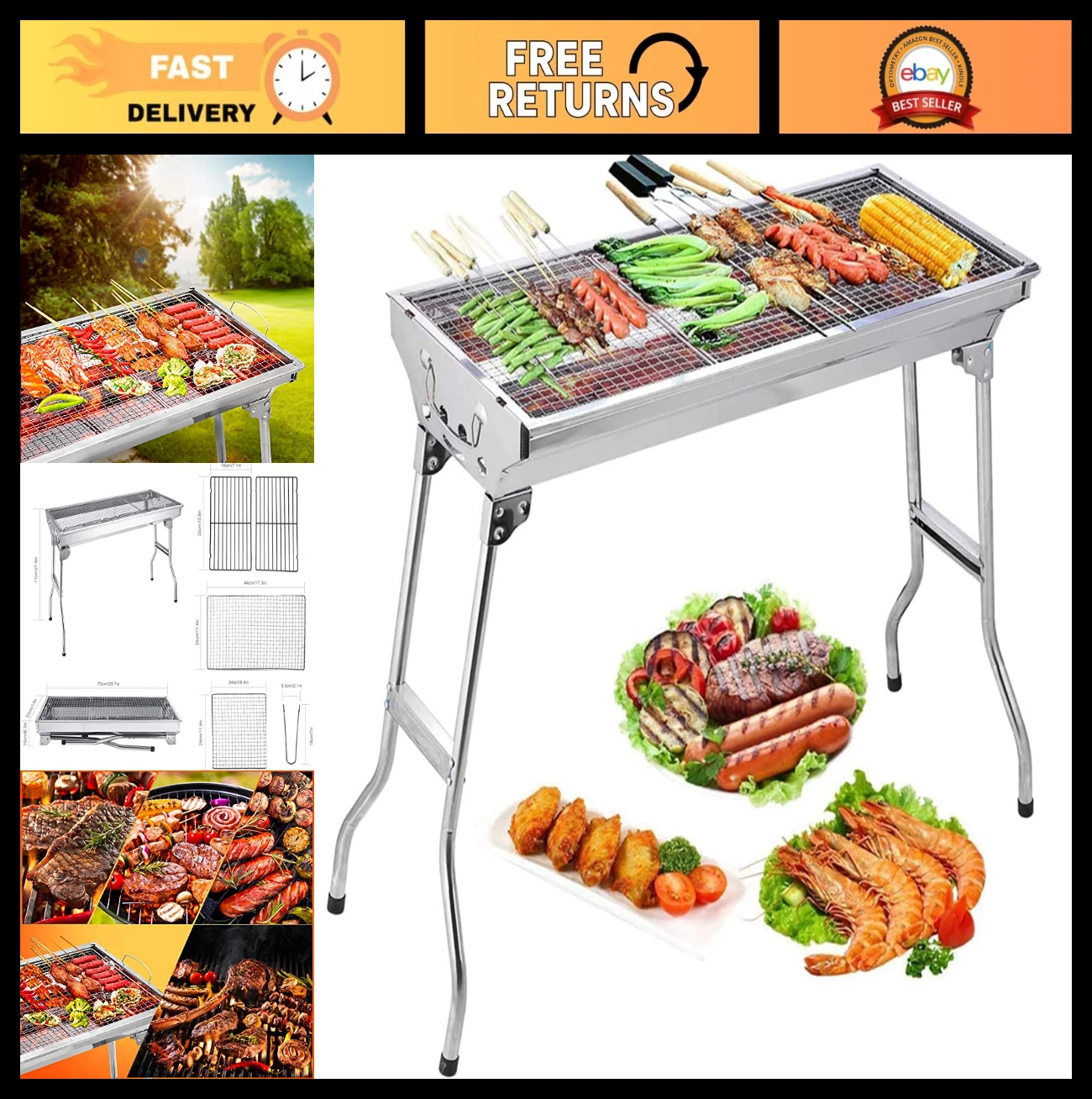 Portable Charcoal Grill & BBQ Smoker - Stainless Steel, Folding for Outdoor Cook