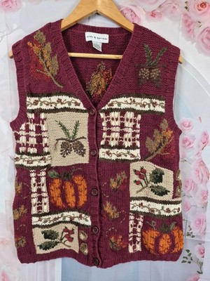Vintage Croft & Barrow Herbst Pullover Weste große Kürbisse Tannenzapfen Blätter Strick