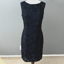 Ann Taylor Navy blue Black Rose Embroidered Dress Sz 10 Fall Evening