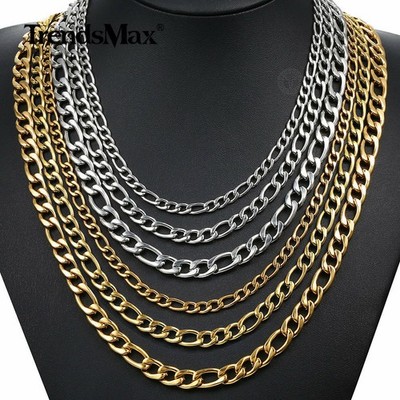 3/5/7/9mm 16-24'' Gold Plated Stainless Steel Figaro Link Necklace Chain Jewelry