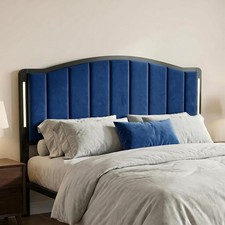 King Size Velvet Headboard with LED Lights - Blue Tufted Design