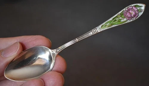 LOVELY ANTIQUE STERLING SILVER PINK WHT ENAMELED FLORAL MOTIF DEMITASSE SPOON #7