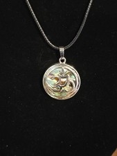 Om Overlay Abalone Shell Round Pendant Necklace 18"L Adjustable Ext