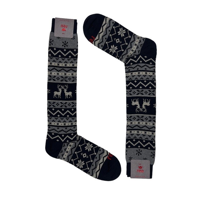 Mens Long Socks Red Color Blue With Christmas Design With Reindeer One Size 14590₽