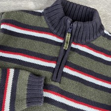 Lands' End Sweater Boys Medium 10-12 Green Navy Striped 1/4 Zip Mock Neck Cotton
