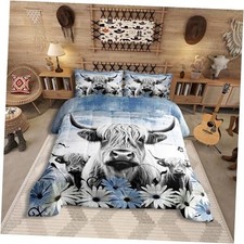 Highland Cow Print Comforter Set,Blue Western Farmhouse Bedding Queen Cow-02