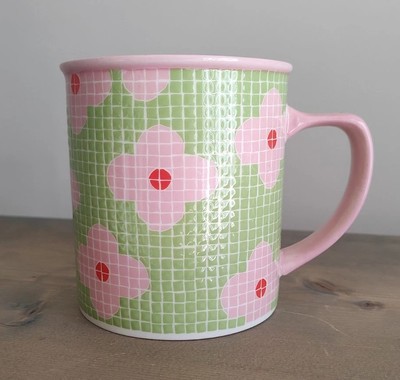 2004 Starbucks Barista Mosaic Tile Pink & Green Flower 16oz Coffee Cup Mug