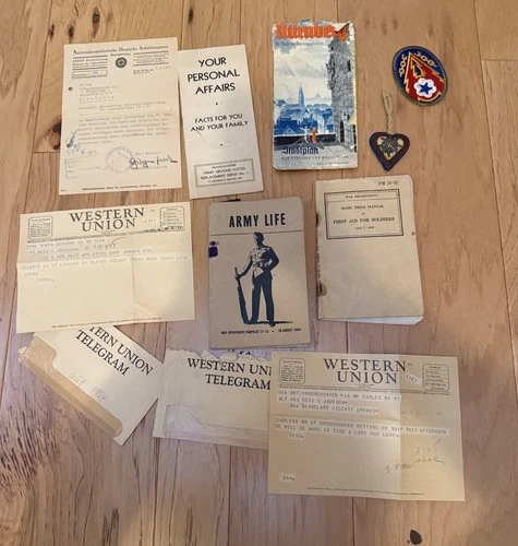 Vintage WW2 Era U.S. Military Army Lot Telegrams Patch Books German? Map
