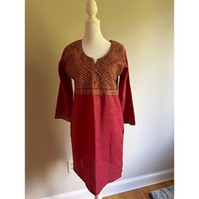 Unbranded Red Gold Embroidered Sequin Kurta Tunic Dress Long Sleeve Medium