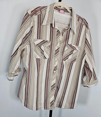 She's Cool 3/4 Roll Tab Sleeve Button Down Shirt Brown multicolor-SZ 2X