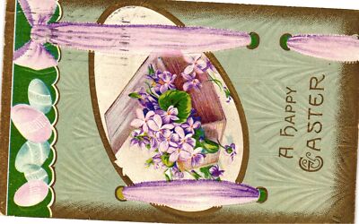 Vintage Postcard- Lavender flowers, A Happy Easter Early 1900s