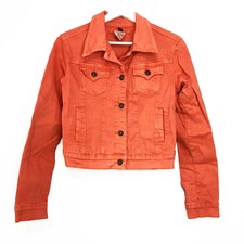 Stetson Womens Denim Jacket Size Xs Cotton Front Flap Pockets Orange Coral Crop