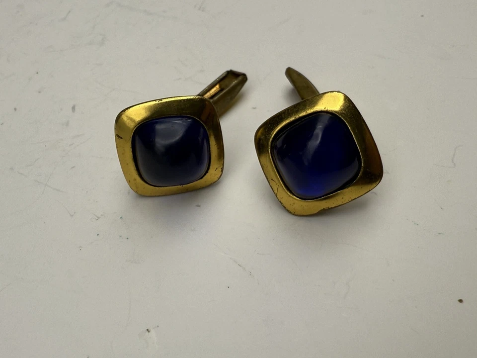 Gemelos vintage art deco sintético zafiro cristal azul tono dorado H7 Foto 3 de 4