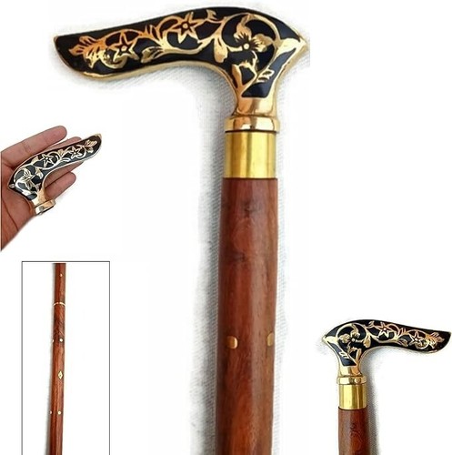 Brass Walking Solid Vintage Designer Victorian Simple Wooden Cane Antique Style - Picture 3 of 3
