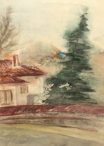 Antique impressionist watercolor painting landscape