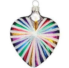 SILVER RAINBOW HEART GERMAN BLOWN GLASS MERRY CHRISTMAS TREE ORNAMENT