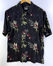 Straight Down Polo Shirt Mens Large Black Floral Silk Cotton Golf Short Sleeve