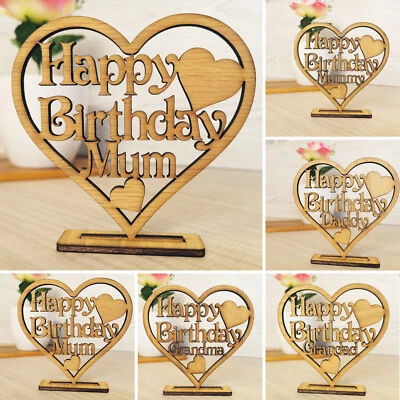 FANCYCRAFTSUK Happy Birthday Heart Mummy Mum Dad Daddy Grandad Nan Freestanding Oak Love gift