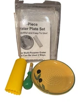 Claytan Garlic Ginger Grater Plate Set 3-Pc w/ Peeler & Brush Malaysia Olive