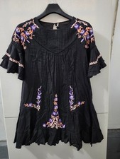 FREE PEOPLE Dress Womens S Black Pavlo Flare Short Sleeve Floral Embroider Boho