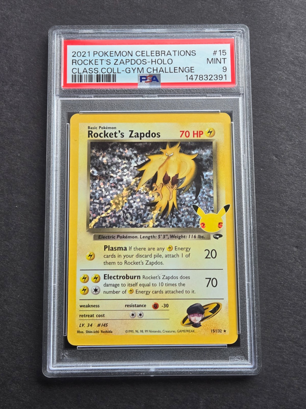 PSA 9 ROCKET'S ZAPDOS 15/132 - CELEBRATIONS GYM CHALLENGE HOLO RARE - MINT