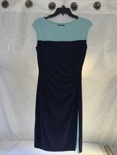 CHAPS Stretchy Knit Dress Sz MNavy Blue /Turquoise Ruched Sleeveless Faux Wrap