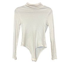 Women's White Ribbed Turtleneck Long Sleeve Bodysuit Large